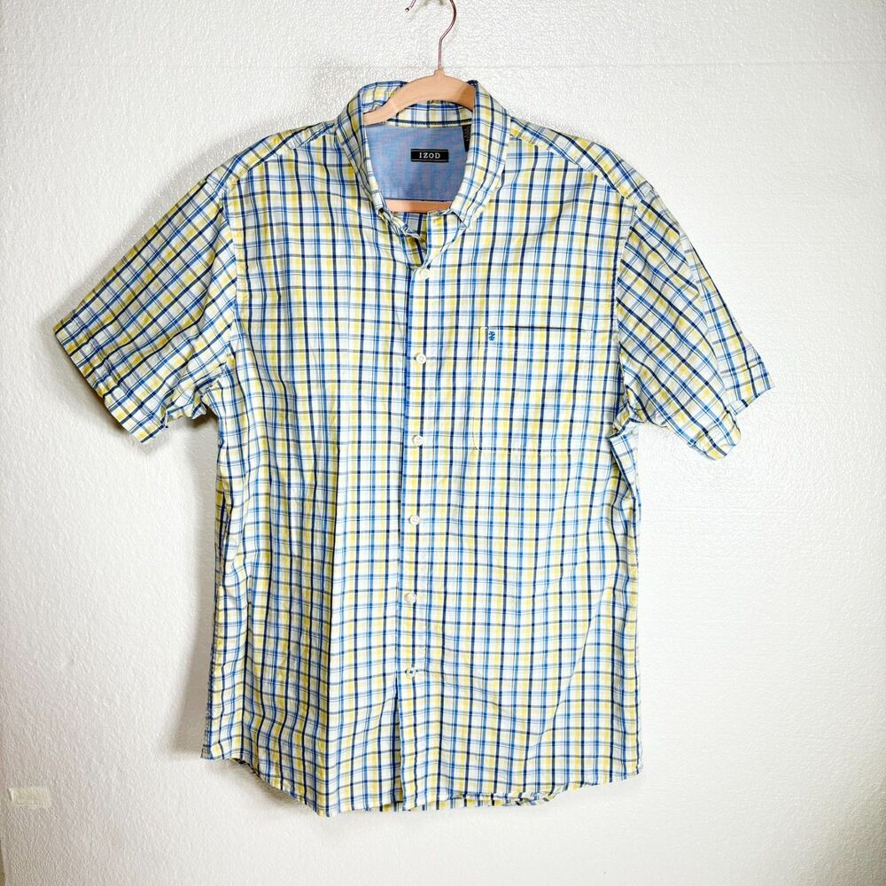 IZOD Shirt Men's Size LG Blue Yellow White Plaid Button Down Short Sleeve Pocket